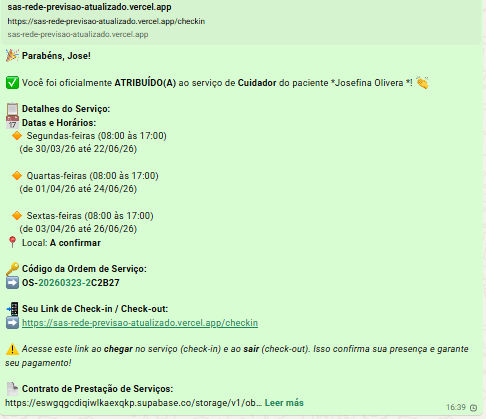 Confirmação de contrato por WhatsApp com link de check-in e ordem de serviço