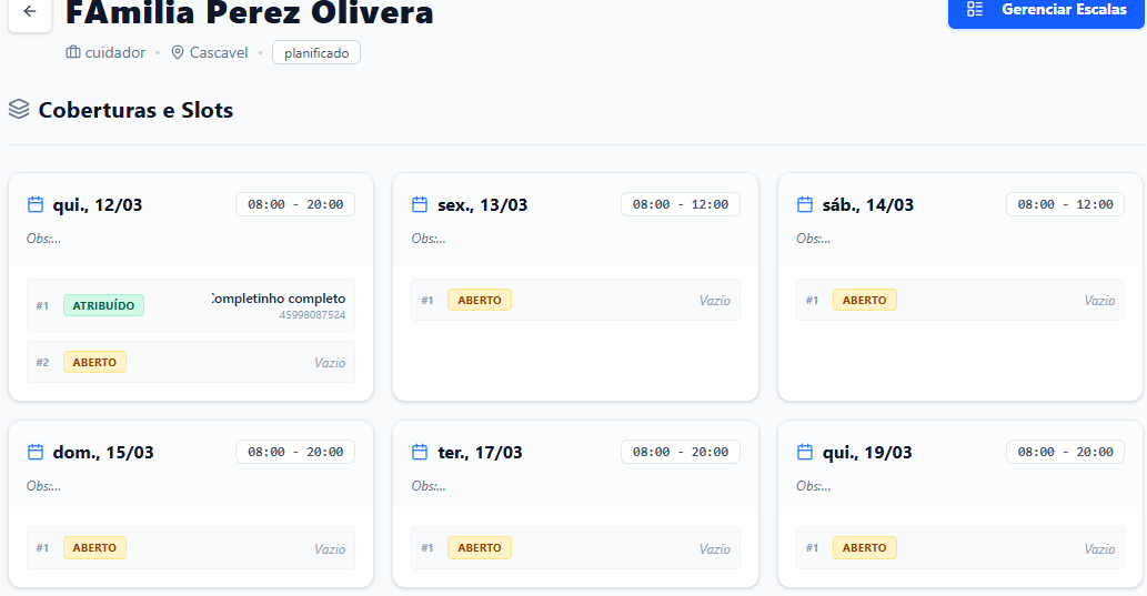 Gestão de coberturas e slots por dia com estados aberto e atribuído